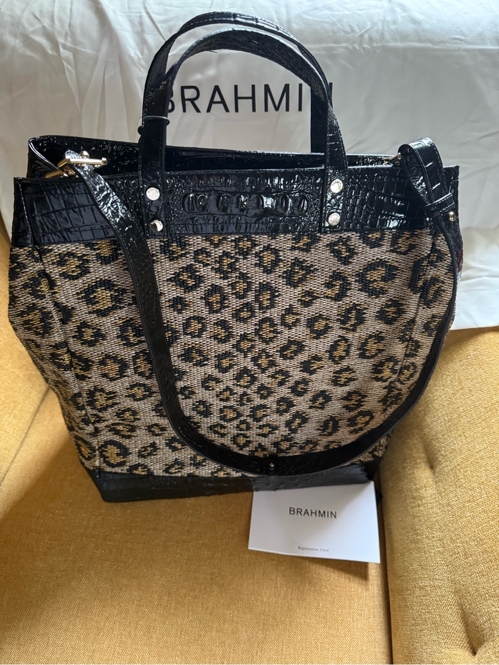 Brahmin Leopard Print Tote with Black Croc-Embossed Trim - Picture 2 of 11